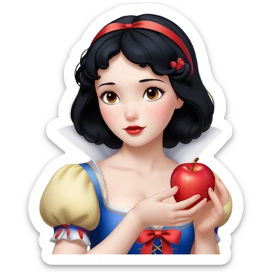 Cinematic Realistic Snow White Portrait, depicted with lifelike skin texture, soft natural lighting, and intricately detailed black hair styled with a red ribbon. Her soft brown eyes radiate innocence and kindness, complemented by a warm, gentle smile. She holds an apple in one hand, her other hand resting against her cheek, embodying her purity and charm. She is dressed in her classic yellow, blue, and red gown, the fabric rich in texture with delicate folds that catch the light beautifully. The portrait features a soft, natural glow with a radiant finish, capturing the essence of timeless beauty in a realistic and painterly style. sticker