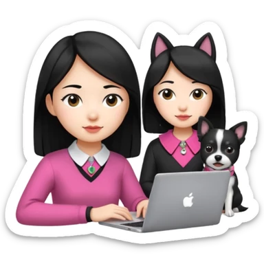 Asian girl with long black hair working on an Apple laptop, next to her is a small black and white dog with pink collar on  sticker