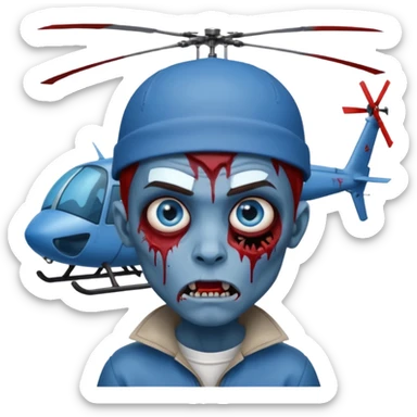 Zombie boy, with a blue face, blue eyes, brown hair and eyebrows, a sticking out fang, a bloody scratch on his face and a helicopter cap sticker