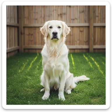 adult english cream golden retriever sitting on grass, facing camera, fence in the background sticker