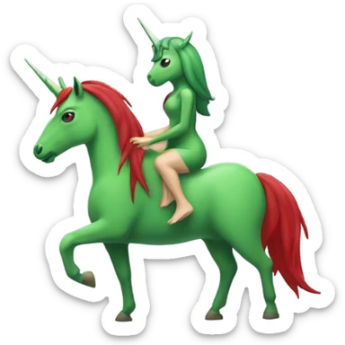 four-legged green unicorn white. a red amazon alien woman, on a unicorn sticker