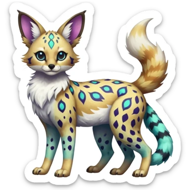 Rare iridescent white exotic epic aesthetic colorful Trico-Eevee-Serval-Genet-Civet-species-Fakemon-hybrid-creature, with intricate tattoo markings, full body sticker