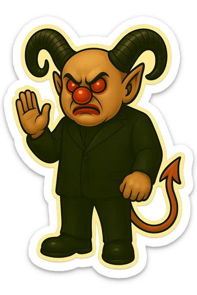 Evil clown wizard in retro sticker style, transparent background, wearing an all black suit with no pentagrams, using the face, horns, and tail from the reference image. He has a frown and never smiles. Pose: one hand raised, other hand clenched, clean modern sticker look. sticker