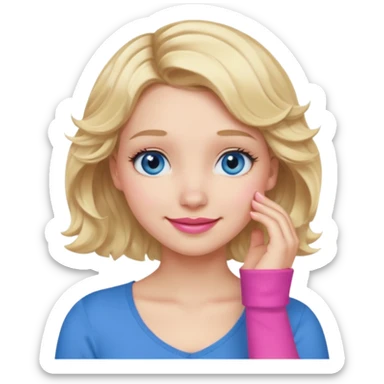 Girl Blonde short wavy hair,  blue eyes, cute blue top, long lashes, pink lips, smiling, 🤦🏻‍♀️ sticker