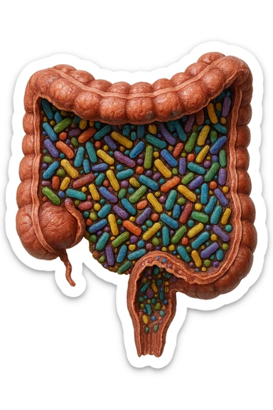COLON DI UN INTESTINO UMANO ANATOMICO CON ALL'INTERNO PIENO DI BATTERI INTESTINALI, IPERREALISTICO 4K sticker