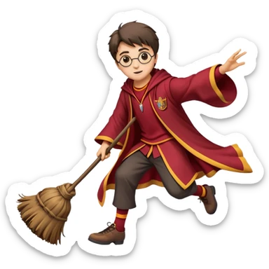 Cartoon-style illustration of Harry Potter flying on a broomstick, Gryffindor red and gold outfit, expressive face, dynamic motion, magical vibe, smooth shading, vibrant colors, no background, transparent background, isolated character. sticker