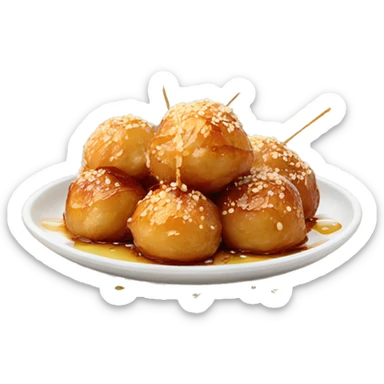 Greek loukoumades in a plate with honey drizzle and sesame seeds sticker