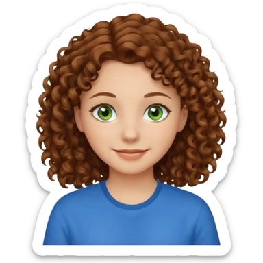 girl with brown hair, green eyes with a blue shirt no background ,young with curly hair smileing sticker