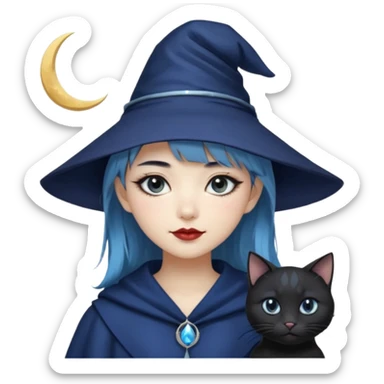 an asian short haired girl with light blue highlighted short raven hair with bangs, with her silver left eye and dark brown right eye, with black cat eyed style eyeliner, and smirk of natural toned lipstick, with dark navy wizard hat with moon emblem on his hat. sticker