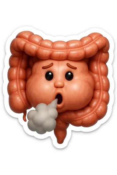 emoji stile iphone di un intestino che ingoia una nuvoletta di aria ben visibile e gli si gonfia la pancia, non fargli il naso, iperrealistico 4k sticker
