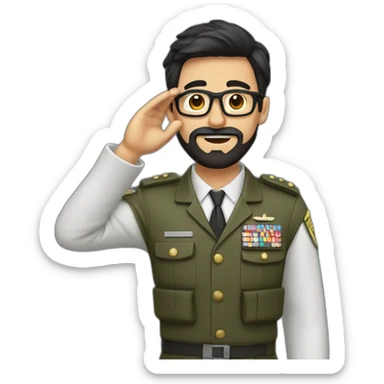 nerd with dark hair and beard saluting like a soldier sticker