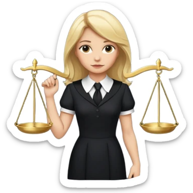 woman lawyer blanche et blonde avec des cheveux mi-long; elle est habillée avec une longue robe noire et un col cravate blanc; la balance de la justice apparaît dans l'ombre derrière elle sticker