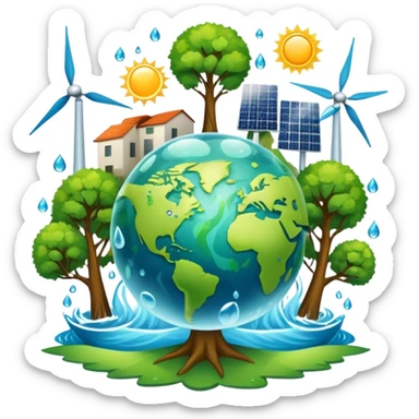 An icon featuring a green Earth, a tree, recycling symbols, and renewable energy sources like wind turbines, solar panels, and hydropower. The design includes animals, water droplets, and the sun, representing ecology, sustainable energy, and environmental protection. Transparent background. sticker