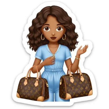  Brown girl with dark brown medium beach wavy hair carrying one Louis Vuitton purse on her arm while standing  sticker