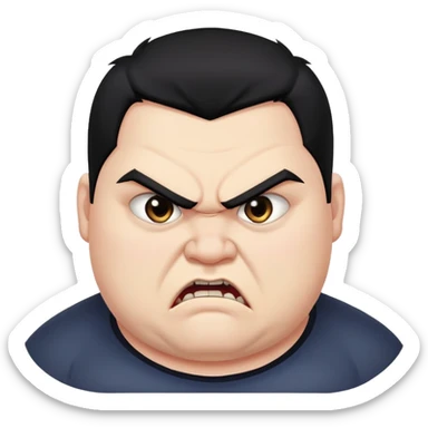 chubby young angry man in profile view with black hair, sharp fangs, crossed eyes sticker