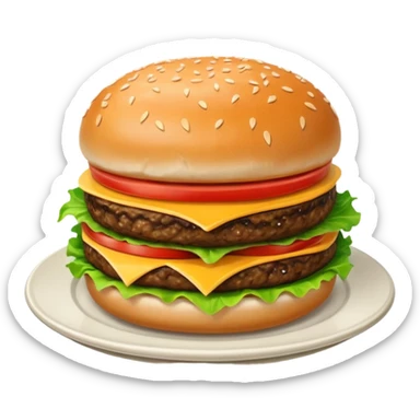 Draw a hamburger on a plate using a front camera with an 80-degree angle from the ground, ensuring the object remains stationary without rotation or tilt. sticker