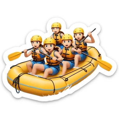 A group of adventurers paddling a raft through wild, fast-moving river rapids. The scene includes splashing water, rugged rocks, and intense action, emphasizing the excitement and teamwork of rafting in challenging conditions. sticker