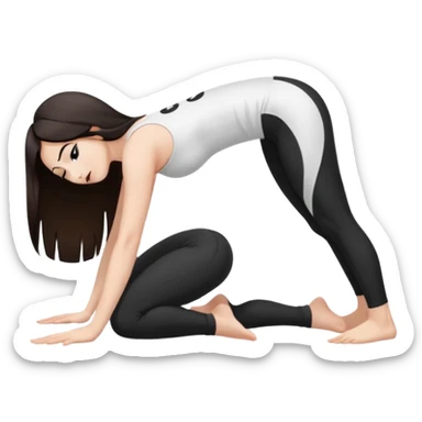 Девушка белокожая в позе собака мордой вниз, с длинными темными волосами, в белом топе, в черных лосинах, с черными ресницами sticker