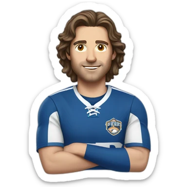 White man with light eyes, with long wavy dark brown hair, dressed in a blue and white team shirt sticker
