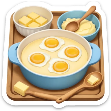 A cream ceramic baking bowl with a wooden spoon in it, a carton of eggs and butter sticker