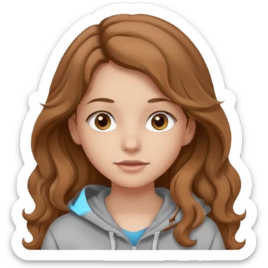 Girl with long and light brown hair and wear hoody and her hai is somethig betwwen curly and stright and her eyes is same color with her hair her skin is white sticker