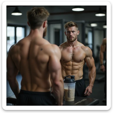 realistic extremely lean male bodybuilder for cutting, shirtless in front of mirror, less full muscles, visible veins, lean appearance, doubtful or worried look, gym with soft light, protein shaker on bench sticker