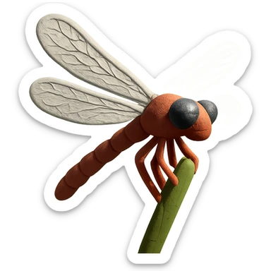 claymation style close-up of a dragonfly on a reed, detailed wings, gentle background sticker