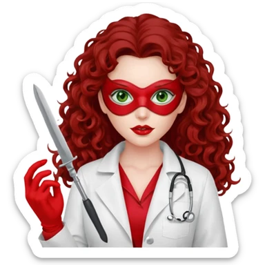 Lilith sexy evil woman. She has green eyes.  had brown long curly hair.  evil surgeon kills with scalpel wears red sexy doctor coat with red long mouth cover red gloves.  sticker