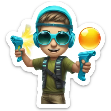 Caucasian boy in glowing rave gear with sunglasses and mask and headlamp and shooting a bubble gun sticker