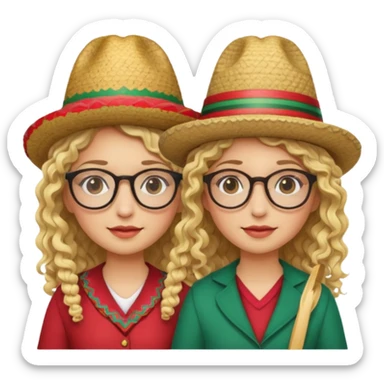 2 blonde girls, one with curly hair and glasses and the other with straight hair and glasses. both wearing Mexican hats sticker