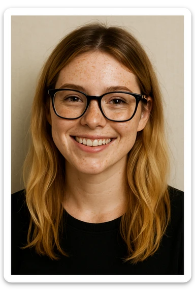 head and shoulders portrait of a blonde girl with brown roots, freckles, and black frame glasses, smiling, simple background sticker