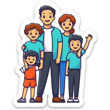 happy family: father, mother, two children, all smiling, bright colors sticker