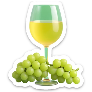 3D emoji style, light yellow wine glass with light green grapes beside it, Korean text '화이트와인' at the bottom, no background sticker