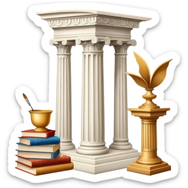 An icon featuring a paint palette, a sculpture, and a book, symbolizing the study of culture and art. The design includes a classical column and a canvas, representing art history and cultural exploration. Transparent background highlights the connection between creativity and history. sticker