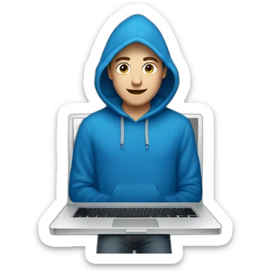 White Young man with a blue hood behind his laptop opened sticker