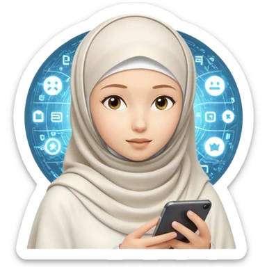 girl with white hijab working with augmented reality and metaverse, digital code, virtual machine artifacts floating around her sticker