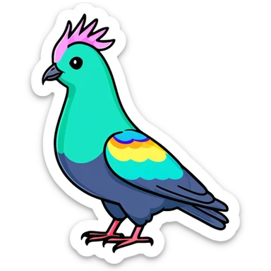 Nicobar pigeon with colorful iridescent plumage, distinctive long neck feathers, and white tail sticker