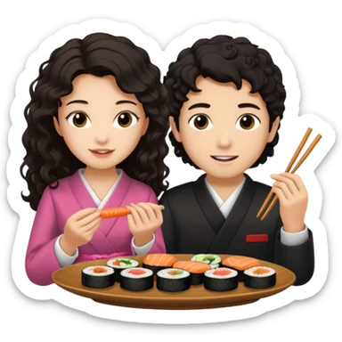 czarnowłosa ksieżniczka w dlugich wlosach je sushi z chłopakiem o czarno brązowych kręconych włosach i są zadowoleni i są nastolatkami i te włosy są lekko krecone sticker