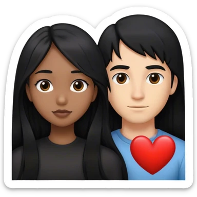 Half face of a girl with black long hair and half face of a man with black hair and in between them a heart sticker