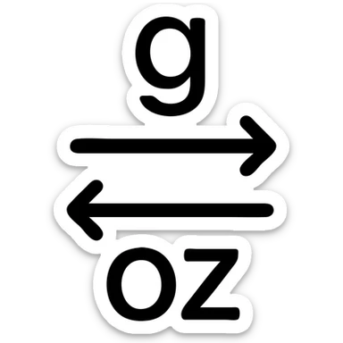 icon showing conversion from grams to ounces, with arrows between 'g' and 'oz', outlined style, easy to read sticker