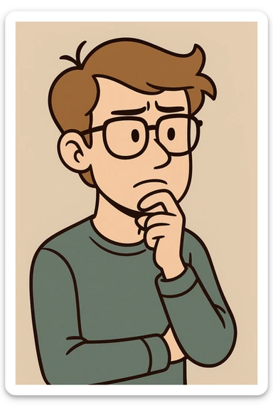 young man with light brown hair and fair skin, wearing glasses, thinking gesture, cartoon style sticker
