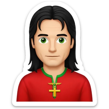 Robert Pilatus, German Singer (1964-1998) with tan skin, long black hair, green eyes, red outfit sticker