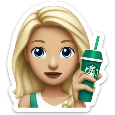 blonde girl blue eyes with Starbucks cup drink sticker
