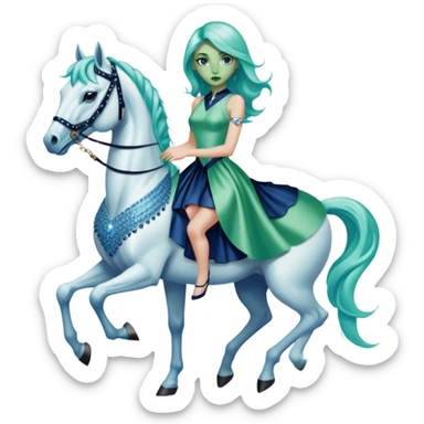 alien reptilian green skin woman, in short slim pastel blue formal party satin dress with gradient shiny sparkling navy blue diamonds embroidered , ride a White horse sticker