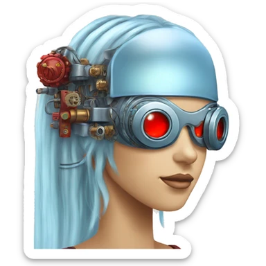 Light blue long hair female cyborg head with red steampunk goggles and circuits sticker