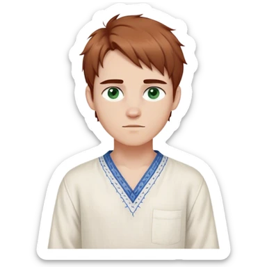 Medieval spring outfit worn by a DnD themed fantasy male character. Cloud white linen tunic with cornflower blue running stitch detail, paired with a canvas belt dyed with natural pigments. Clothes only above the waist, full waist coverage. The character has no arms. Character is white-skinned with cinnamon brown hair, forest green eyes, and short layered hair with textured ends. sticker