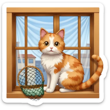 cat trying to go to a window with nets on the window sticker