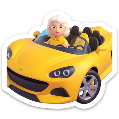 Make the mother with white hair in the yellow sports car look fast and furious, add dynamic motion effects, intense expression, sporty 3D emoji style, no background sticker