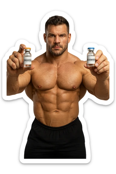 bodybuilder tiene una fiala medica con la scritta "TAMOXIF€NE" NELLA MANO DESTRA E UNA FIALA CON LA SCRITTA €NCL*MIFENE" NELLA MANO SINISTRA sticker
