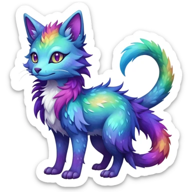 Kawaii dark rainbow iridescent fantasy ethereal feline-vernid-sergal-fursona animal creature with a tufted tail full body with intricate markings sticker